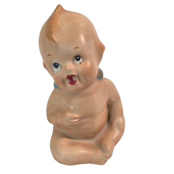 Vintage Kewpie Doll Figurine Bisque Baby Blue Wings Sitting Ceramic Figure 3 in - Picture 1 of 8